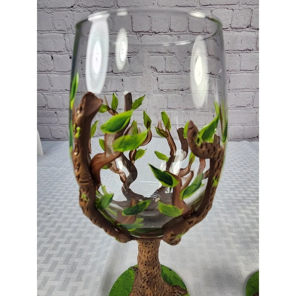 Unique Nature's Goddess Tree Of Life 3D Clay & Hand Painted Wine Glass Stemware